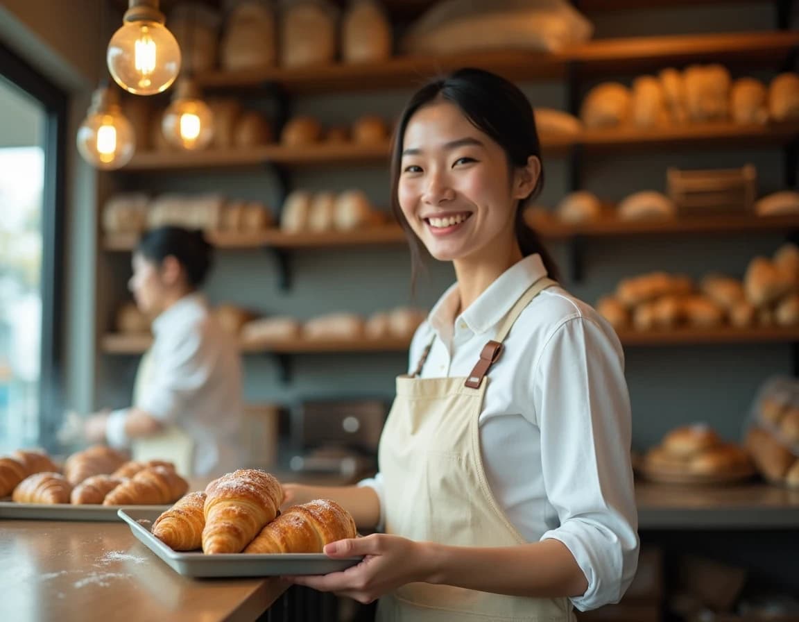 パン屋のカウンターで接客するエプロン店員のAIプロンプト