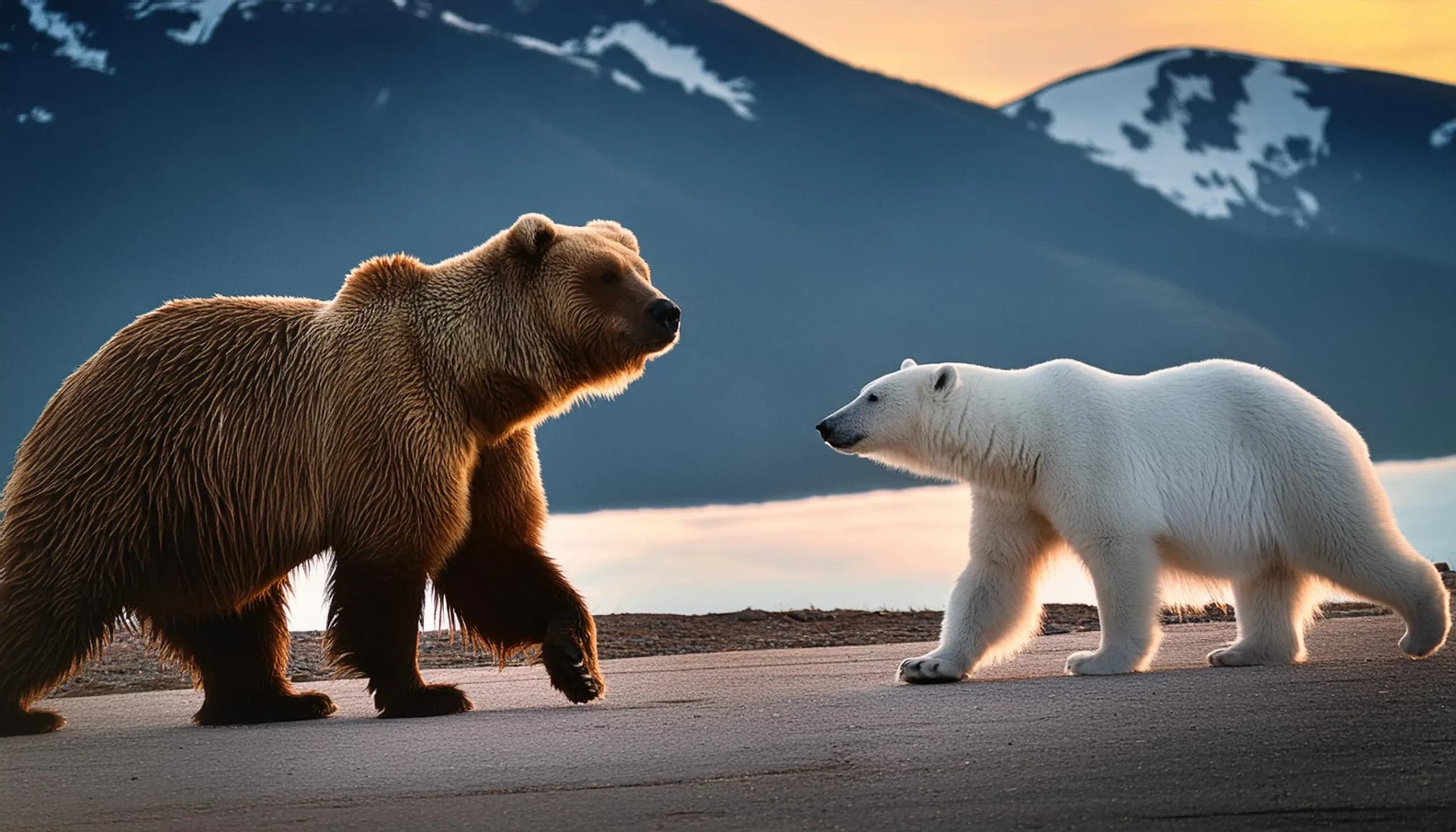 ヒグマとホッキョクグマが歩いている