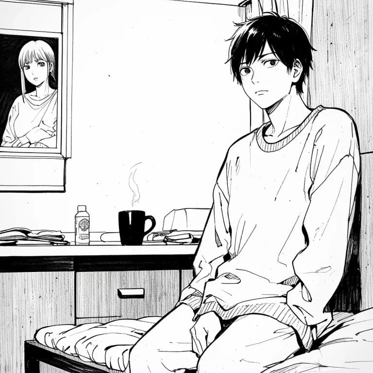 漫画絵の部屋でくつろぐ大学生