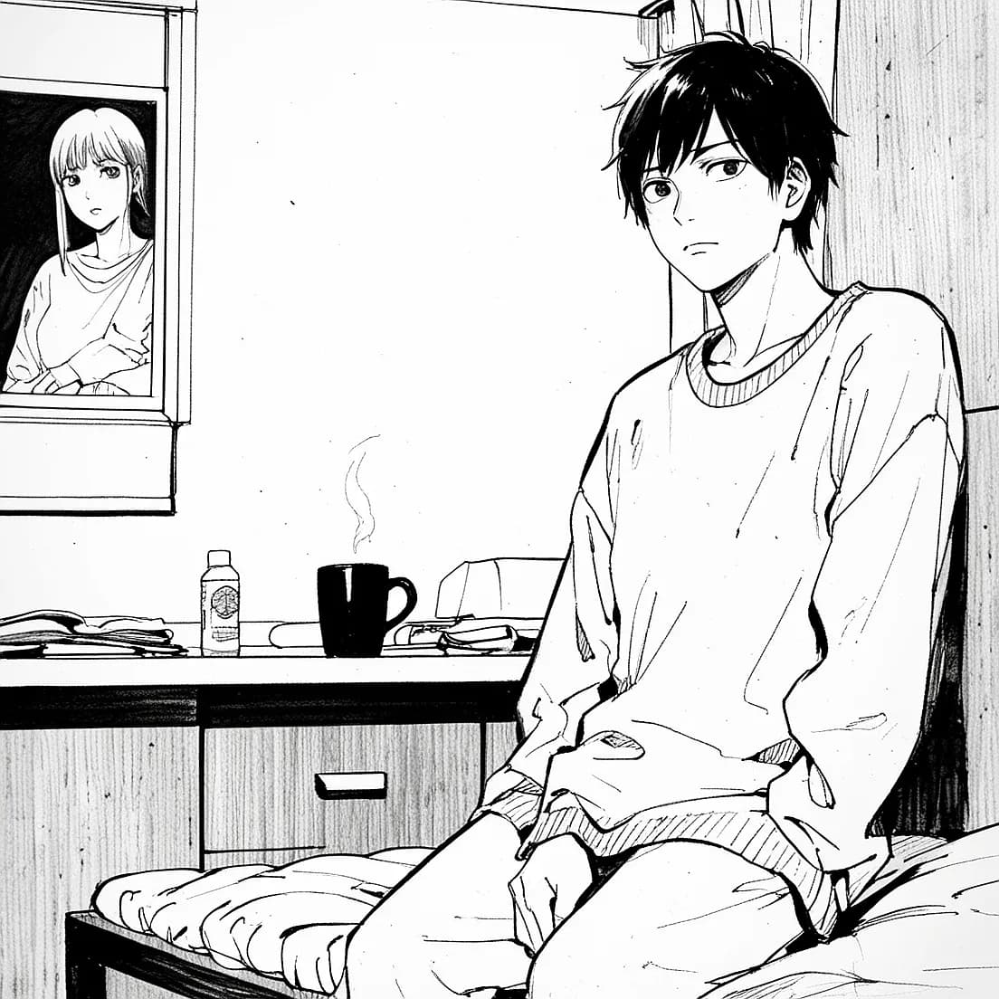 漫画絵の部屋でくつろぐ大学生