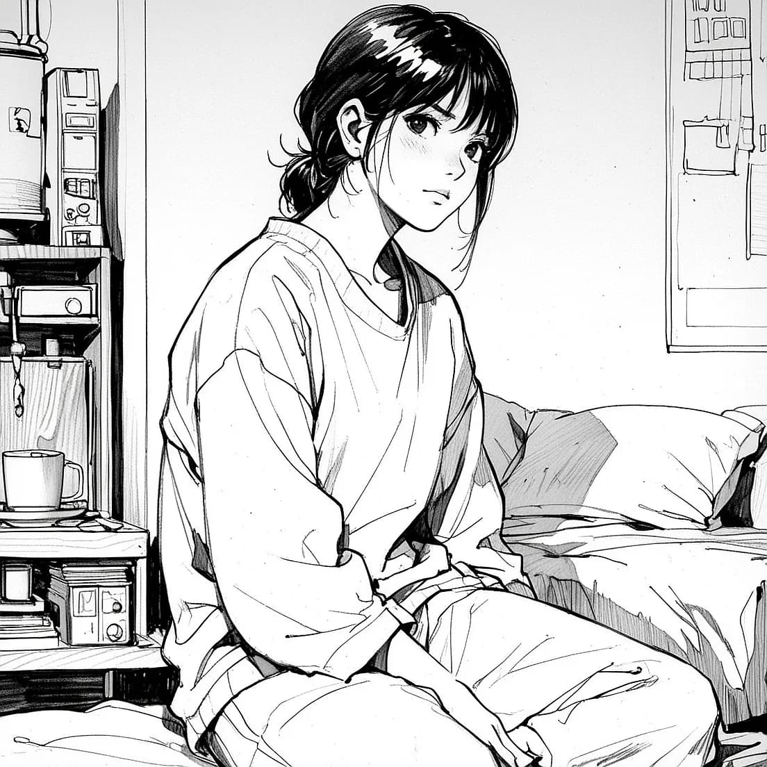 漫画絵の部屋でくつろぐ大学生