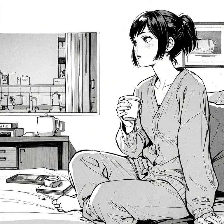 漫画絵のコーヒーを飲む女子大生