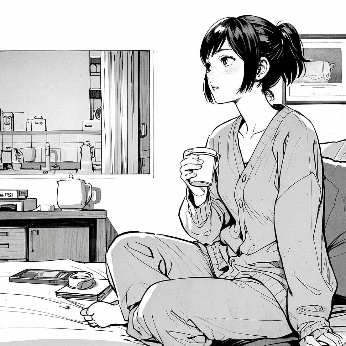 漫画絵のコーヒーを飲む女子大生