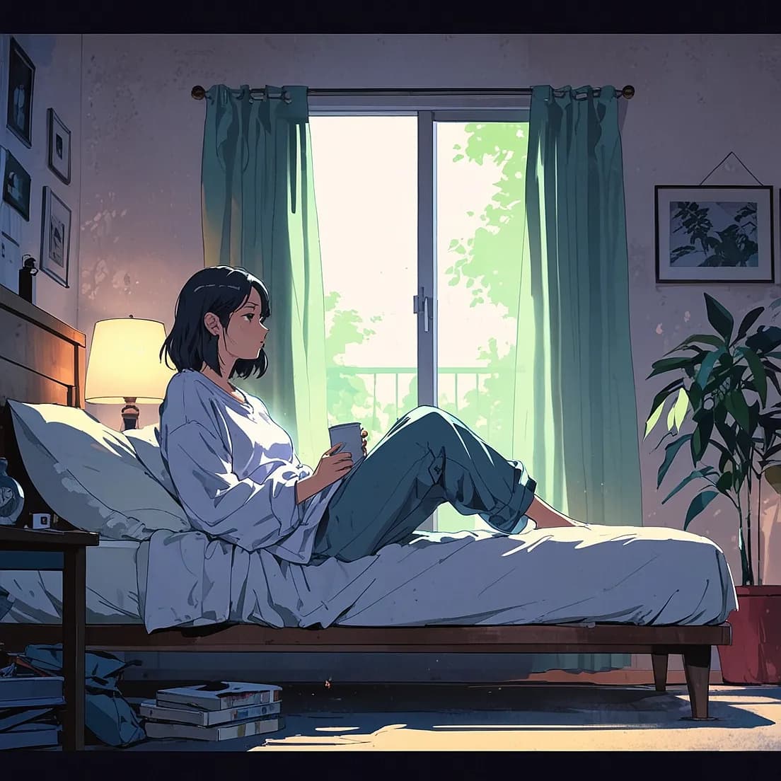 漫画絵のコーヒーを飲む女子大生