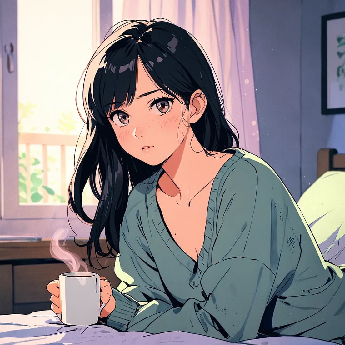 漫画絵のコーヒーを飲む女子大生