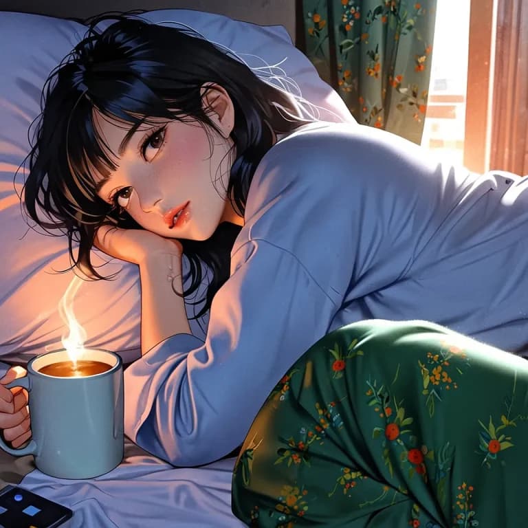 漫画絵のコーヒーを飲む女子大生