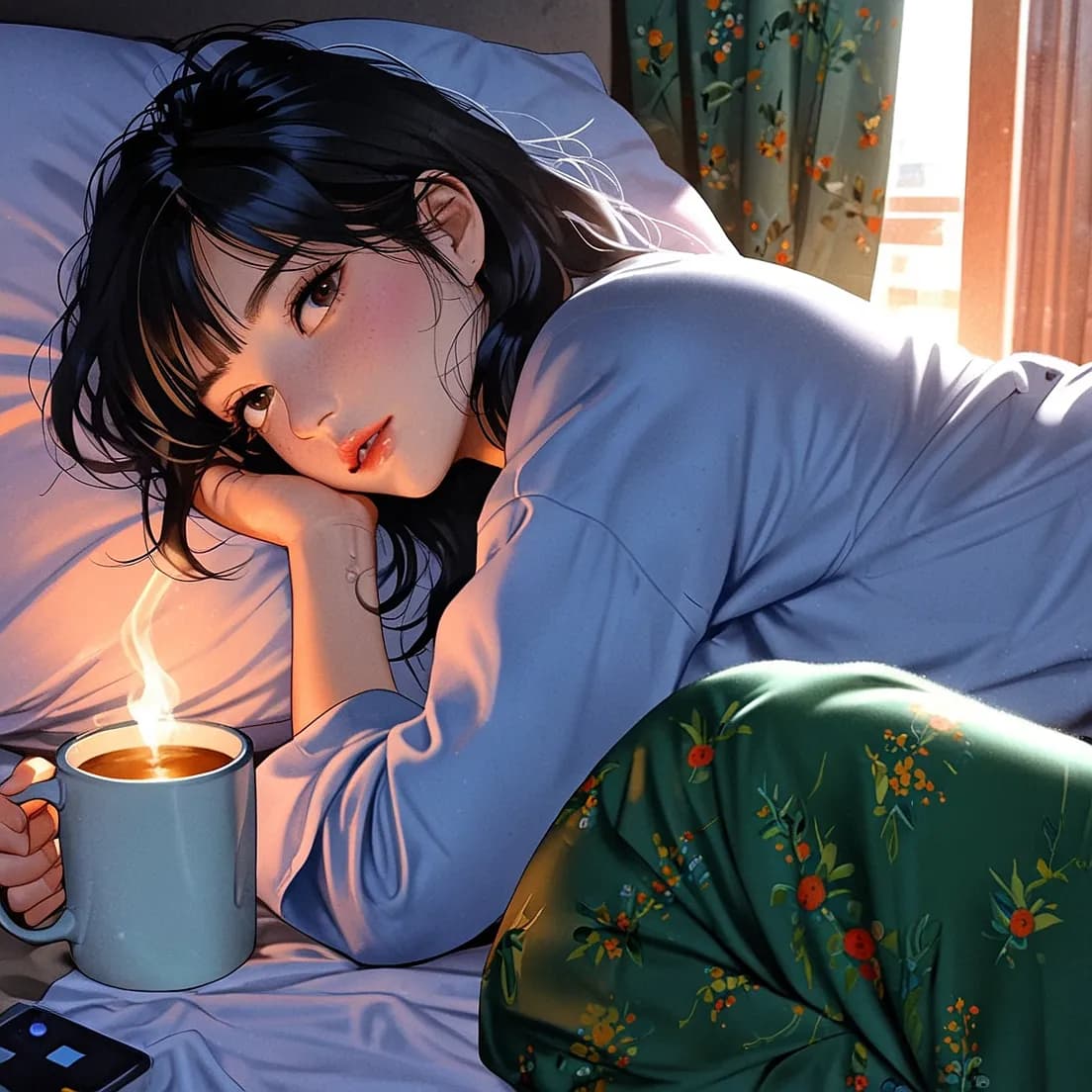 漫画絵のコーヒーを飲む女子大生