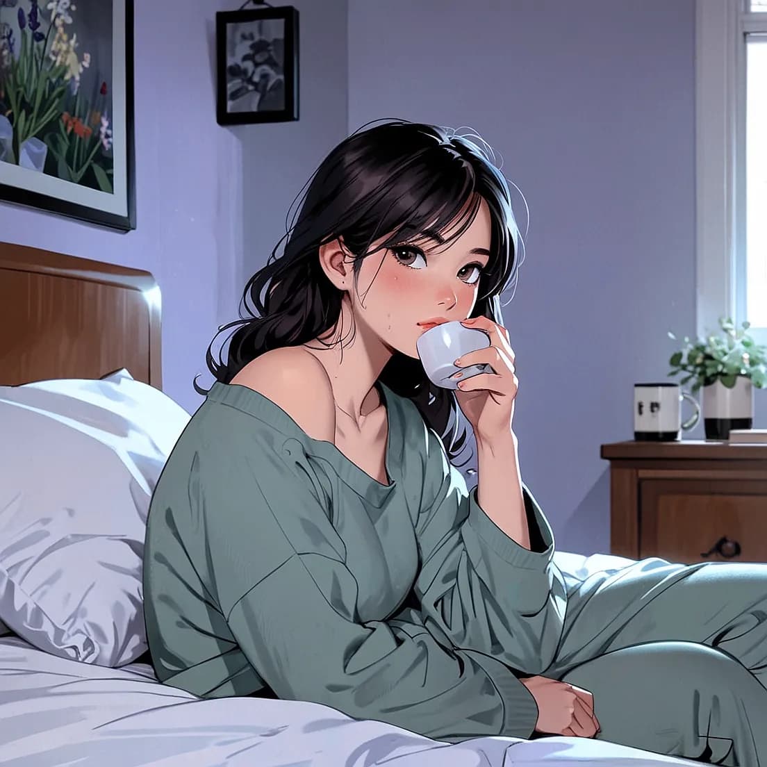 漫画絵のコーヒーを飲む女子大生