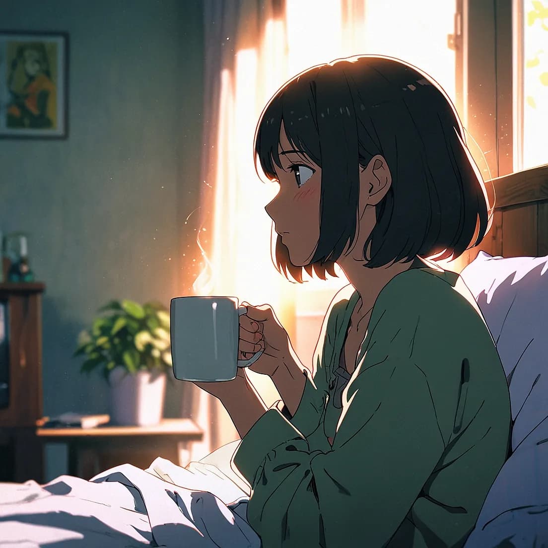 漫画絵のコーヒーを飲む女子大生