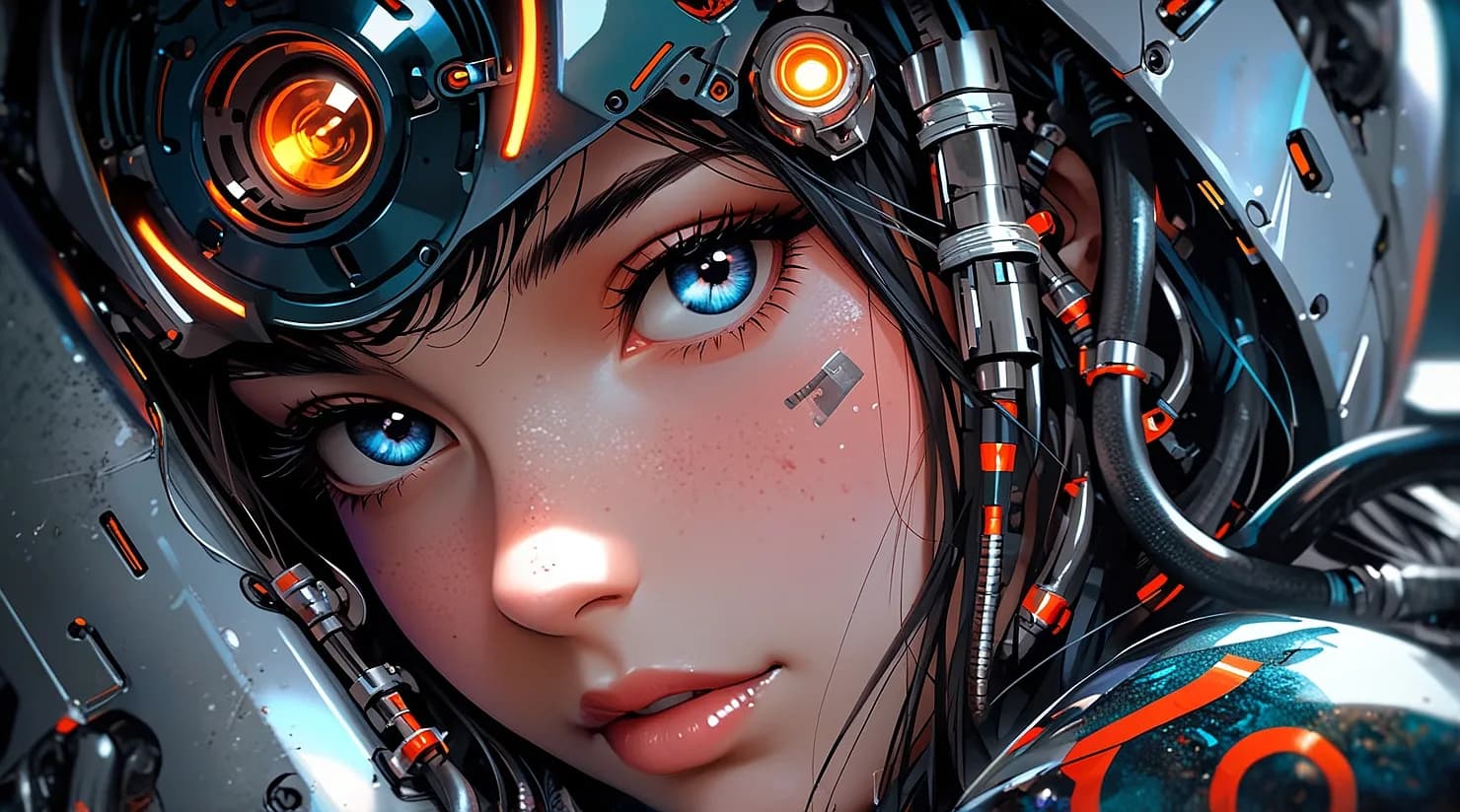 顔に機械が混じっている女性