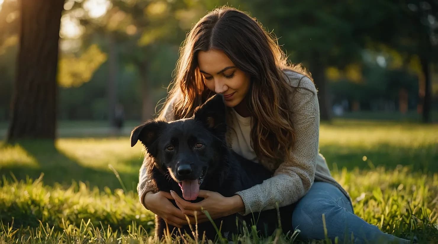 犬とたわむれる女性
