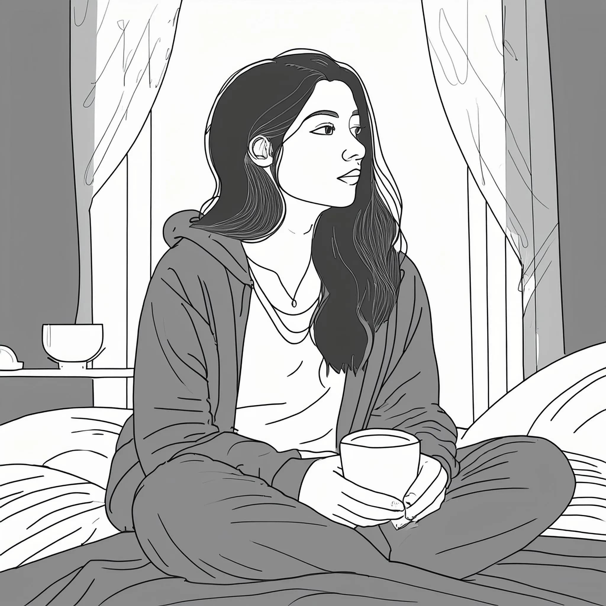 漫画絵のコーヒーを飲む女子大生