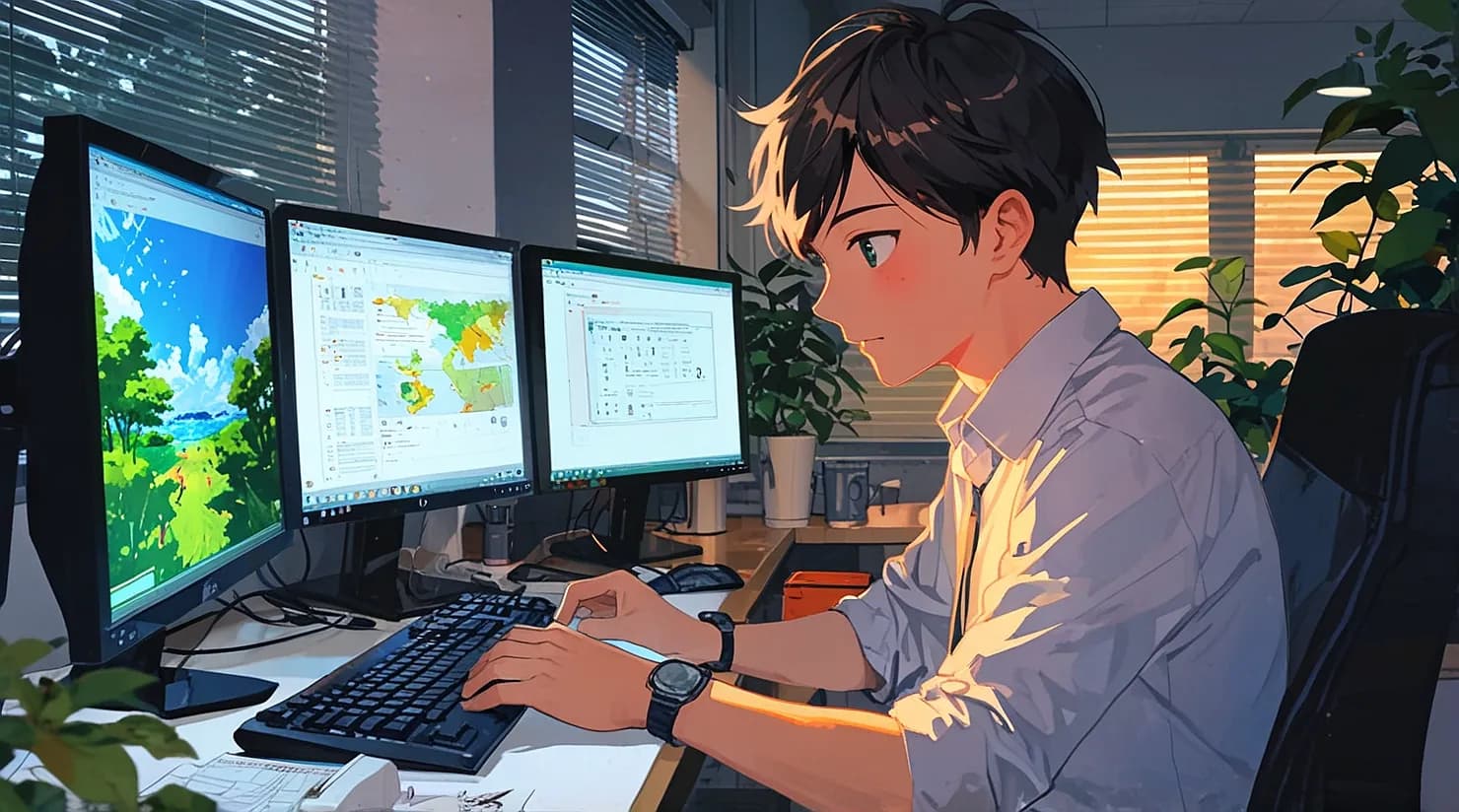 自然あふれるオフィスで仕事をする男性