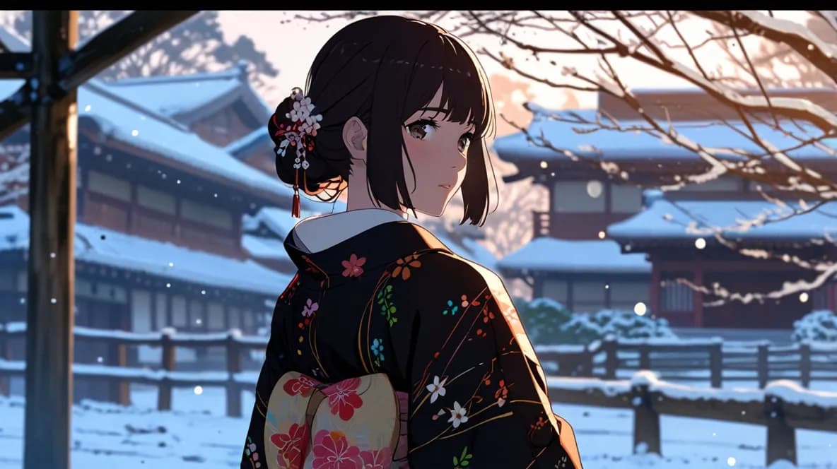 雪の中、着物の女性