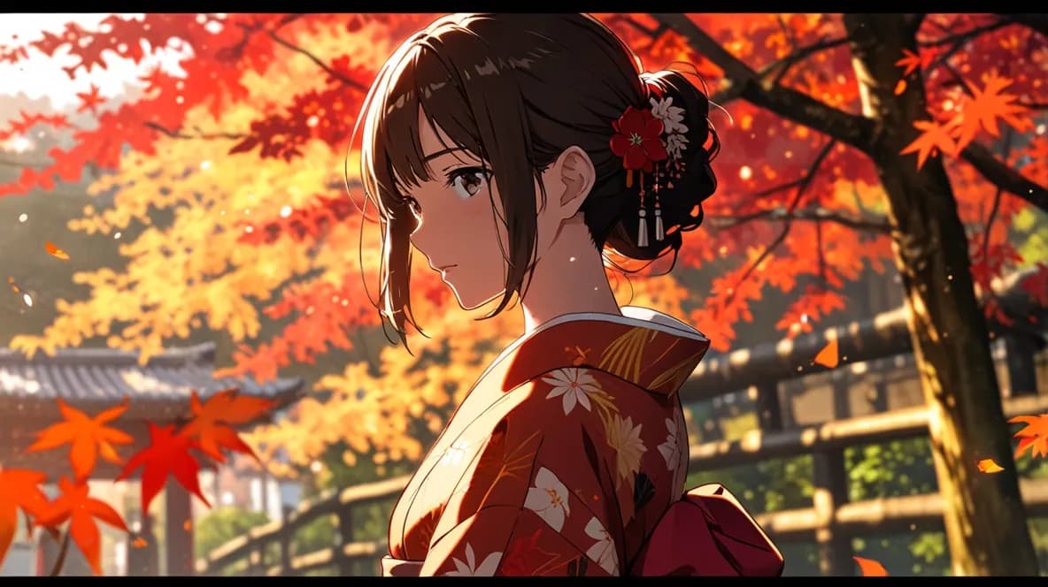 紅葉の中、着物の女性