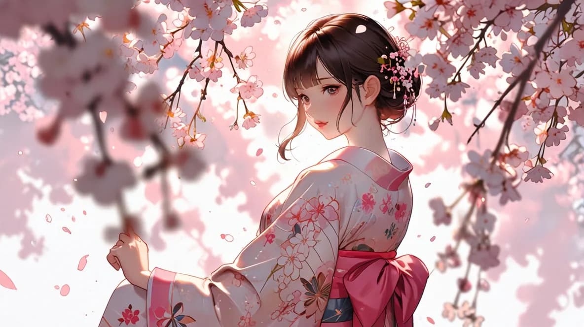 桜の中、着物の女性