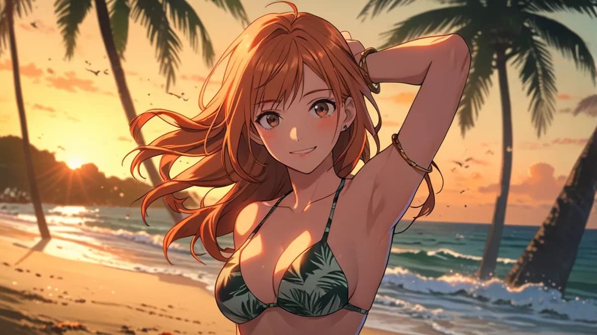 夕日の浜辺の女性