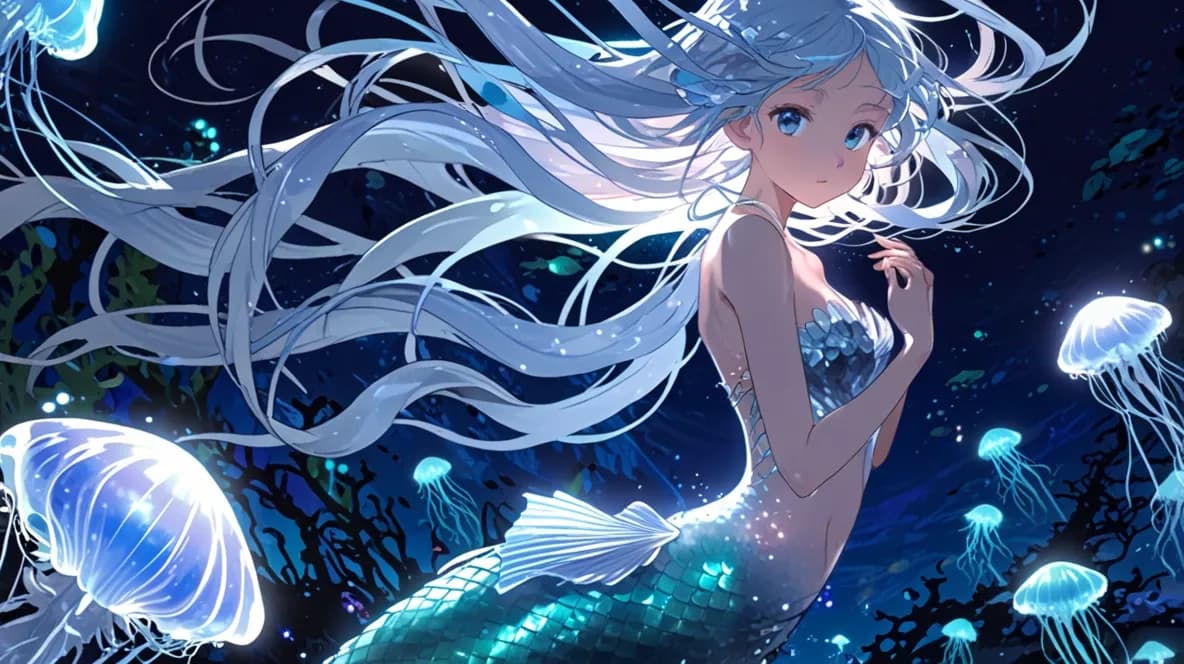 夜、海の中の女性の人魚