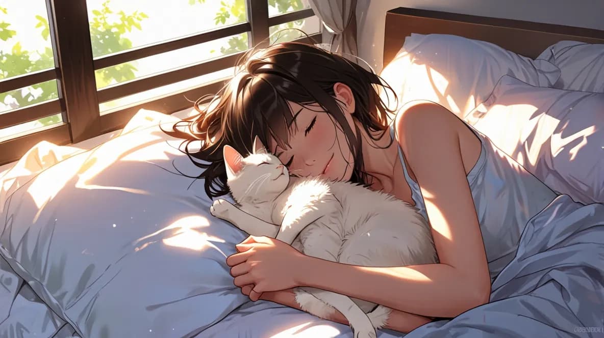 猫と昼寝をする女性