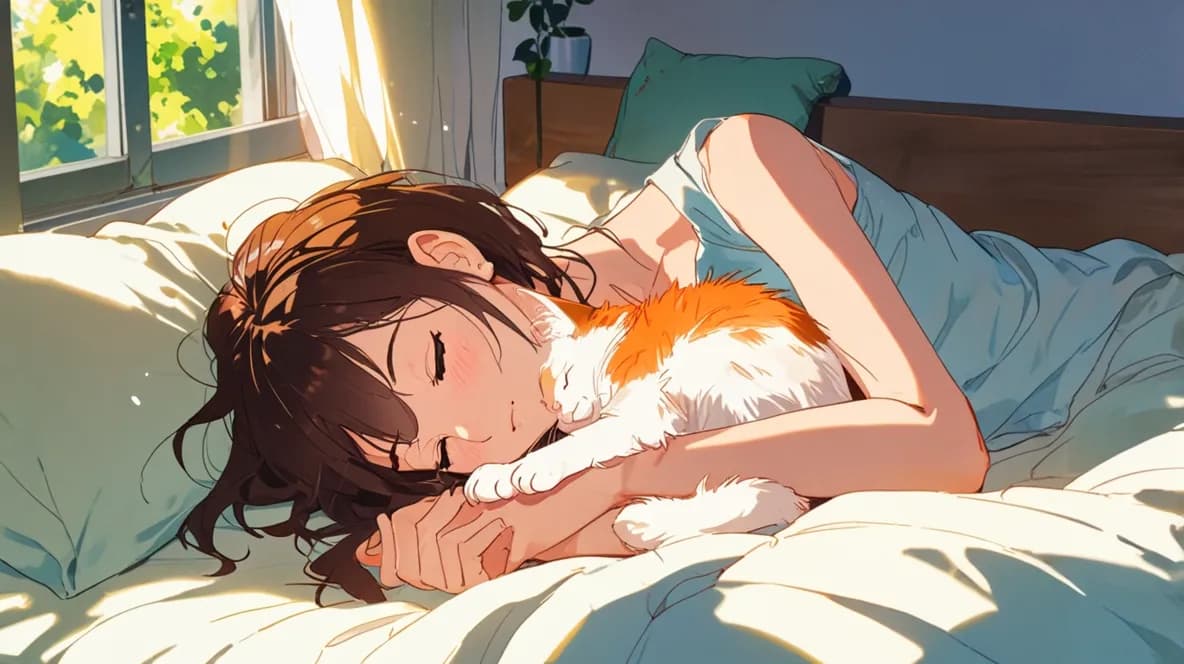 猫と昼寝をする女性