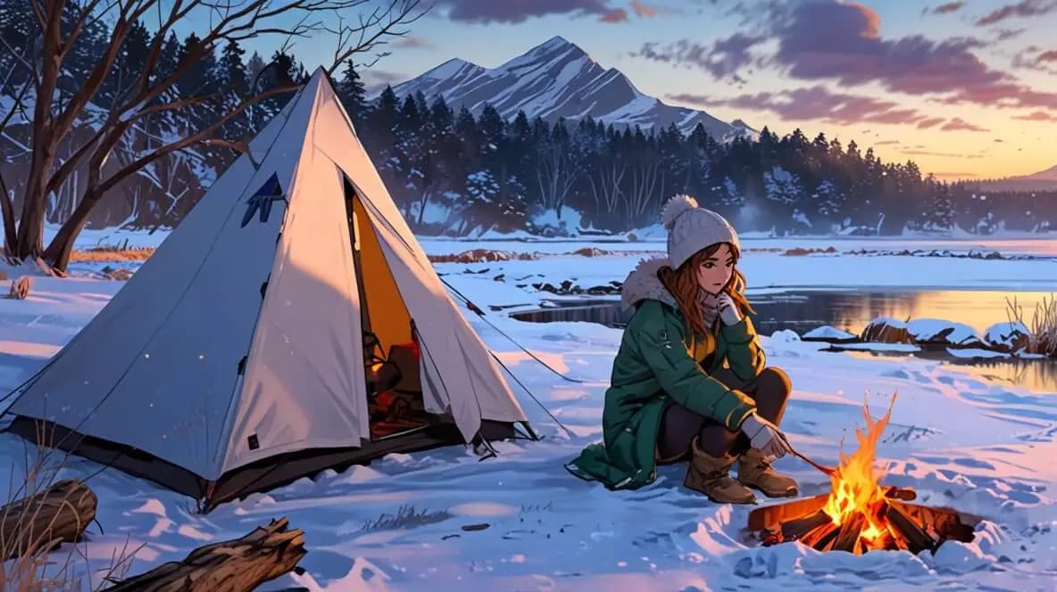 冬の湖畔でキャンプをする女性