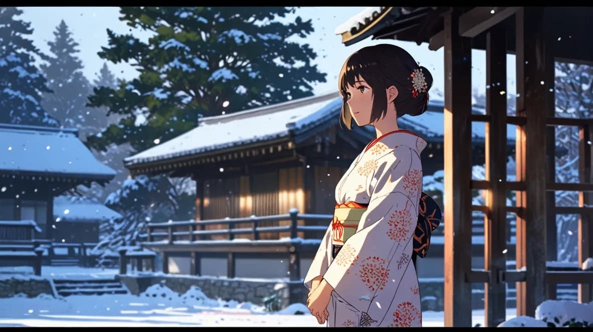 雪の中、着物の女性