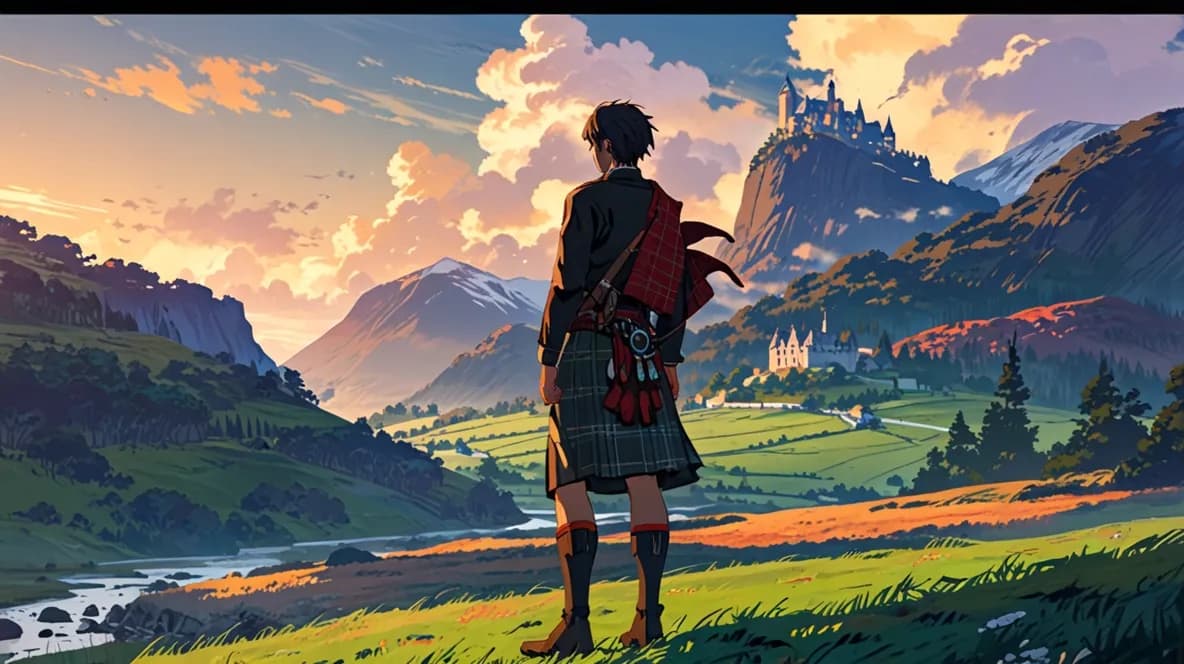 スコットランドの伝統服、キルトを着た男性