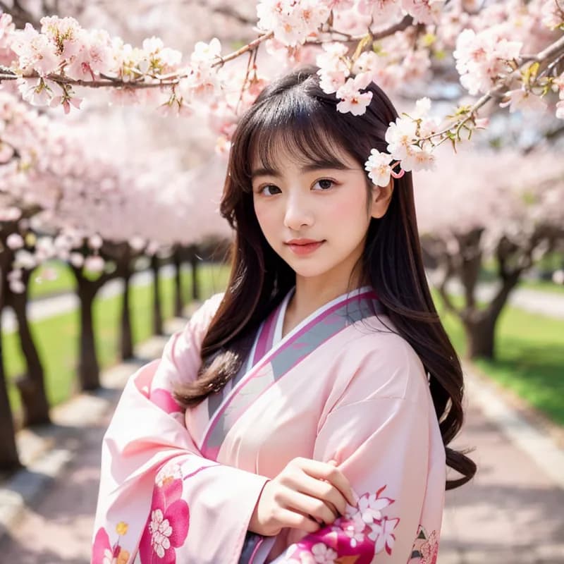 春、花見をしている着物の女性