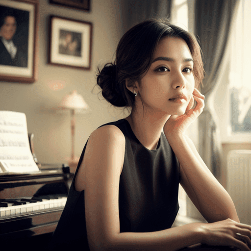 ピアノの部屋で座っている女性