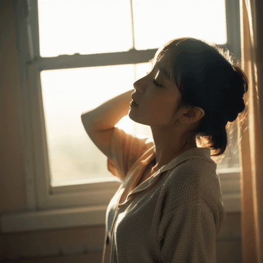 朝日を浴びるパジャマ姿の女性