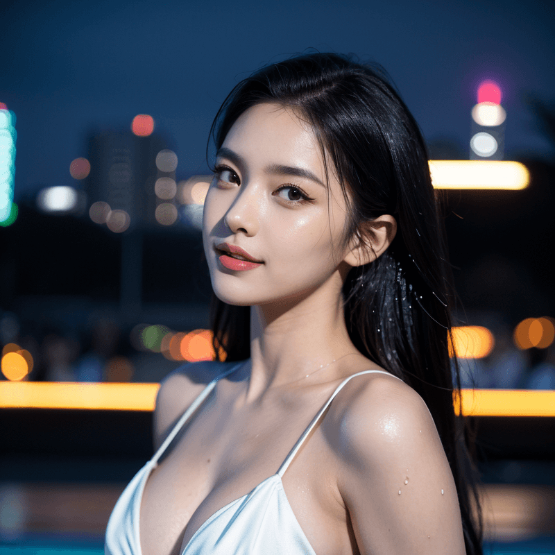 夜のプールサイドにいる美女