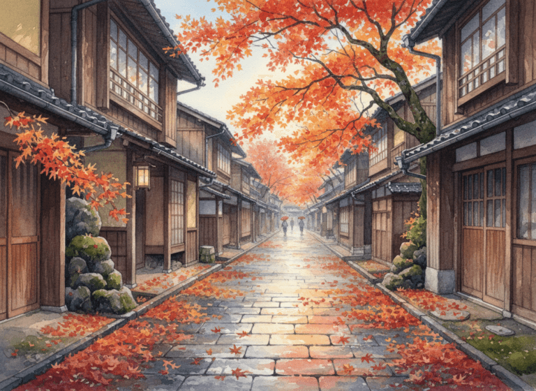 紅葉燃ゆる古都の小道 水彩画