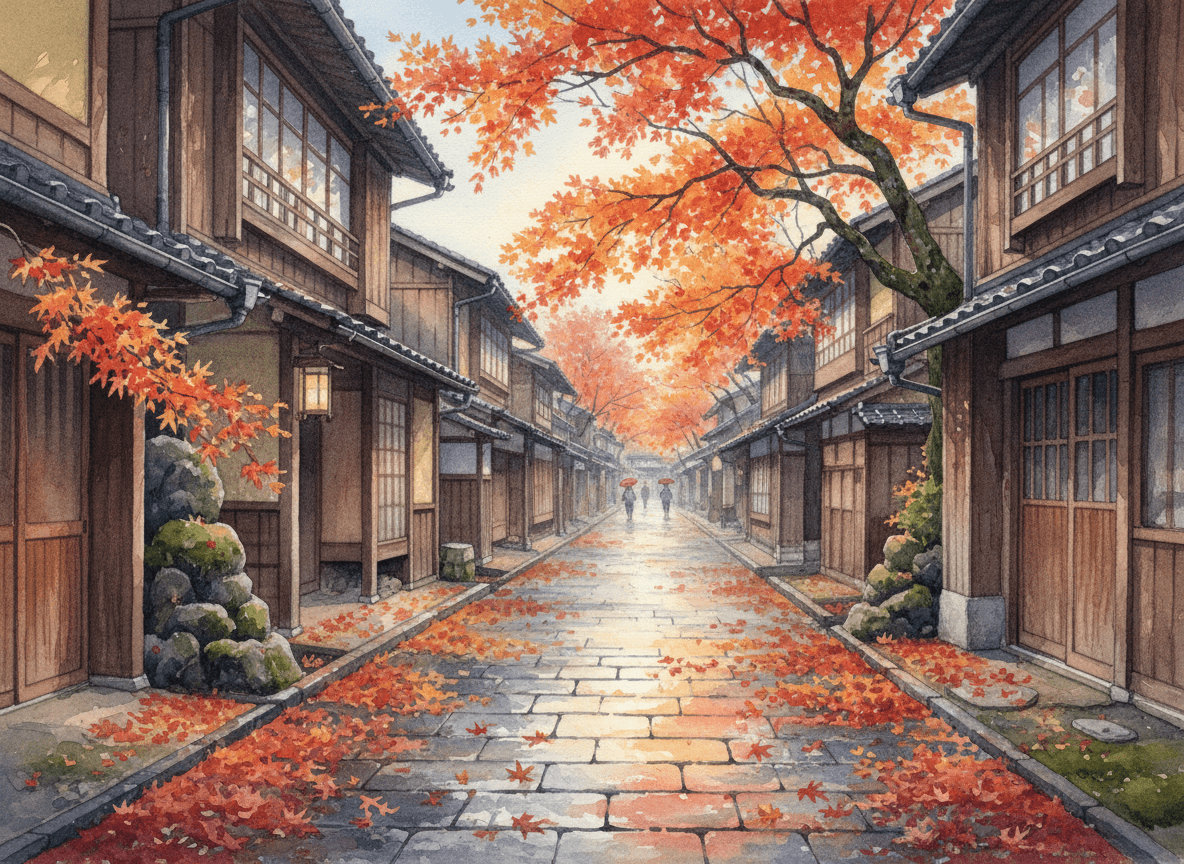 古都小巷枫叶水彩画|秋日红叶唯美意境插画免费欣赏