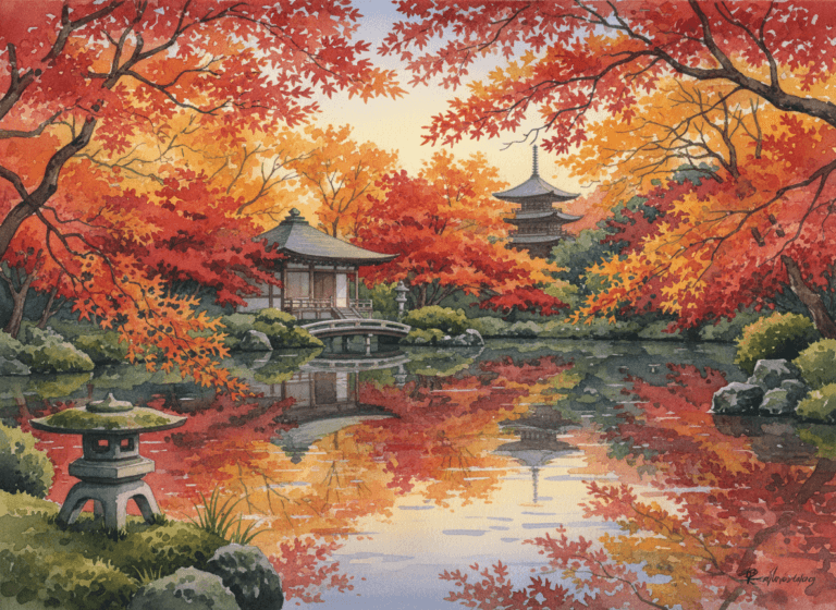 秋の静寂:水面に映る紅葉の京風景(水彩画)