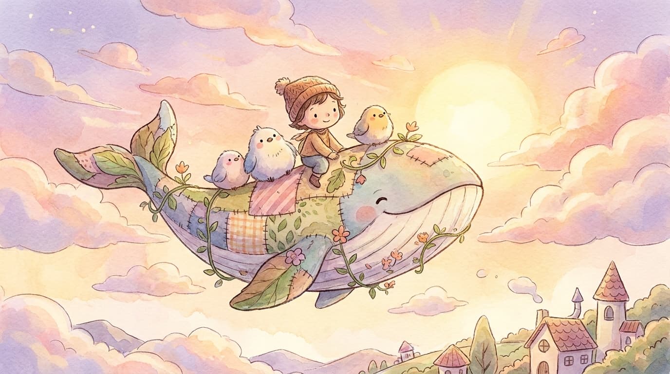 雲の上を旅する空飛ぶクジラに乗った子供と可愛い小鳥たち(絵本風)