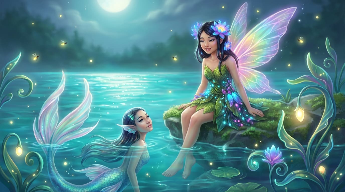 湖畔の魅惑:アジア系妖精と人魚