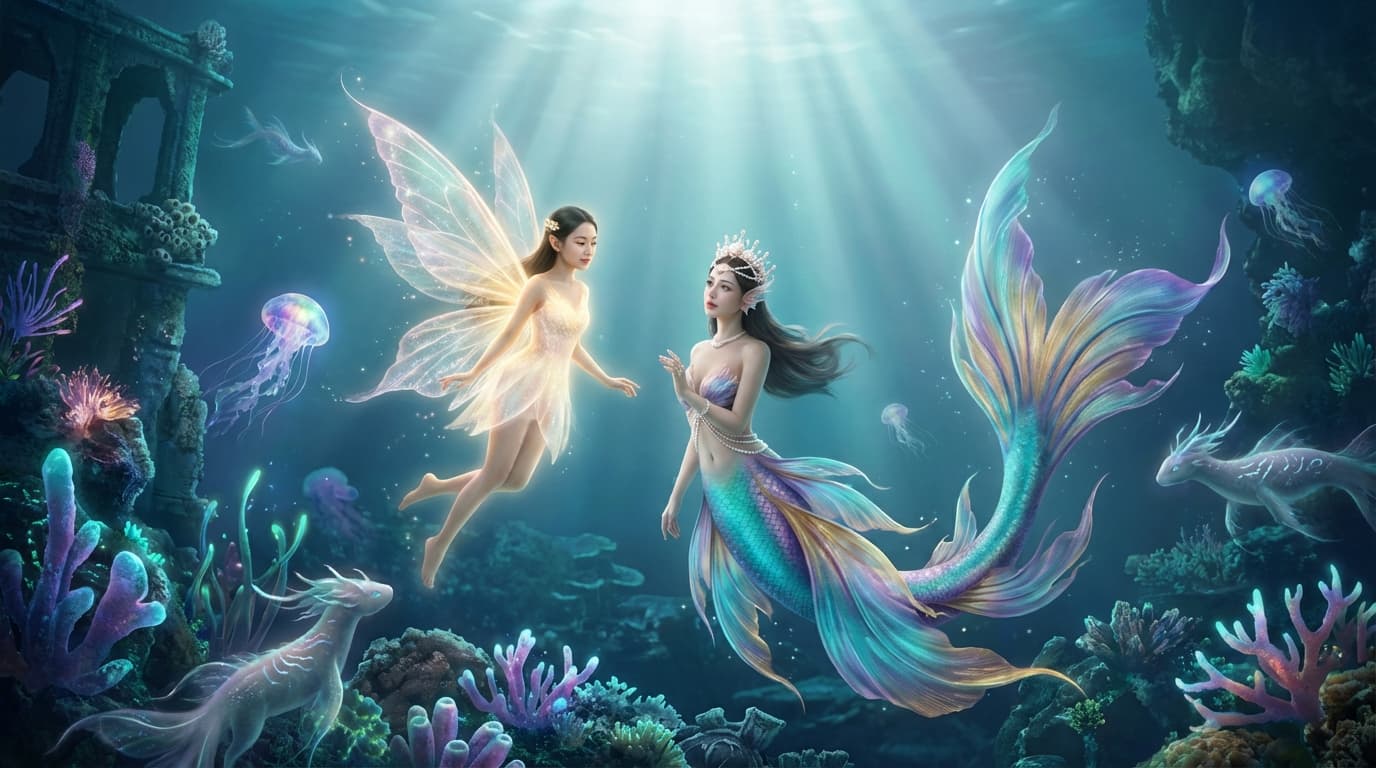 光り輝く水底の楽園:アジア系妖精と人魚