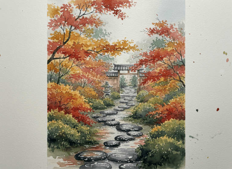 雨上がりの京庭園:水彩画で描く秋の彩り