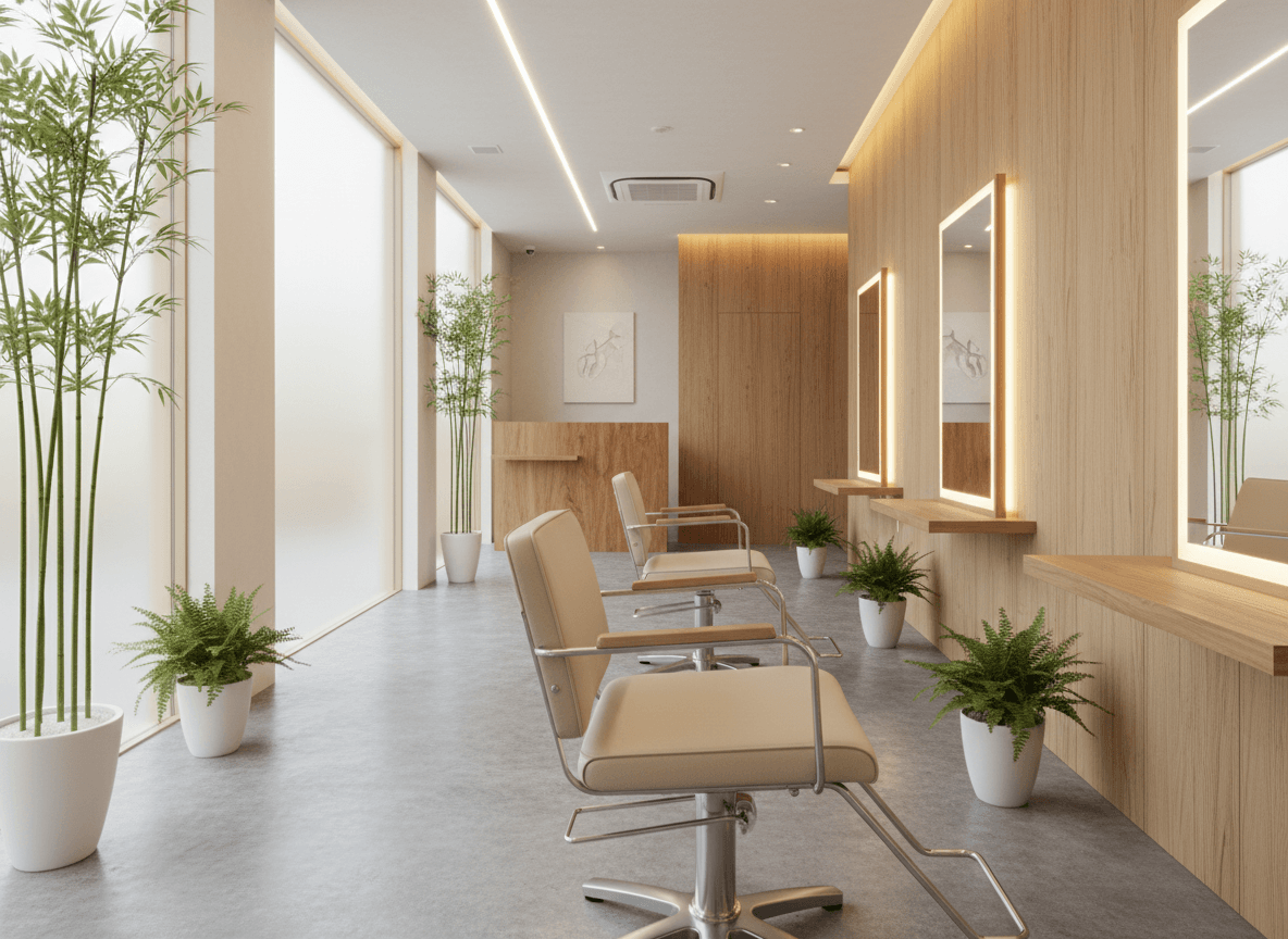 Serene Japanese Modern Hair Salon Interior: Natural Light and Materials