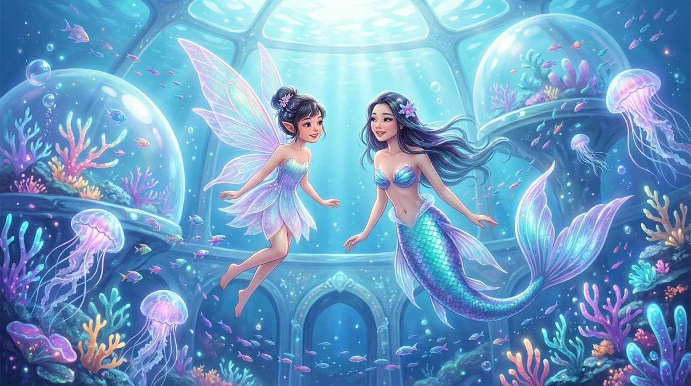 水中の泡の宮殿の友達:アジア系妖精と人魚