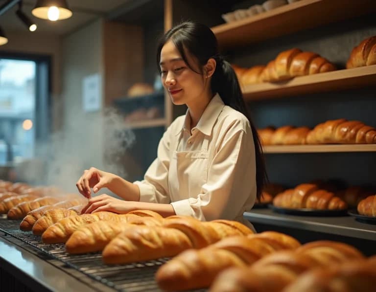 パン屋カウンター店員のAI生成作例|エプロン女性プロンプト
