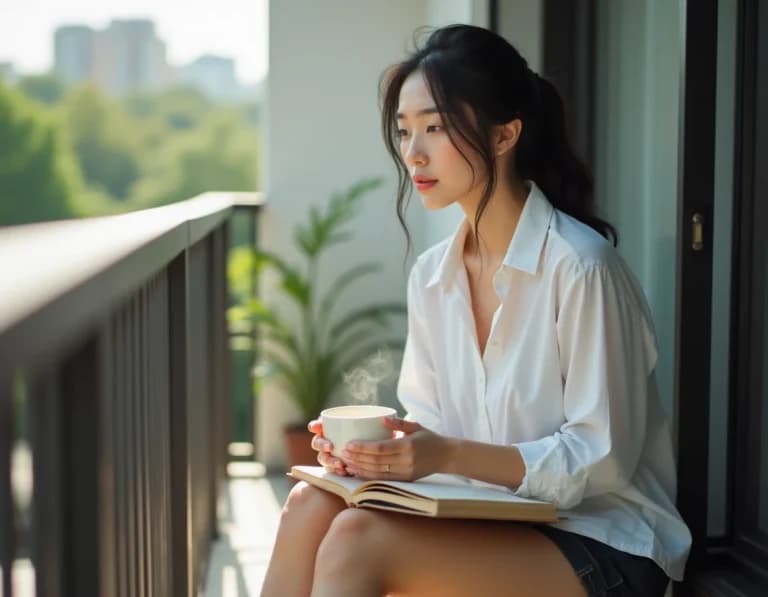 朝のベランダでくつろぐ女性|AI生成写真プロンプト作例