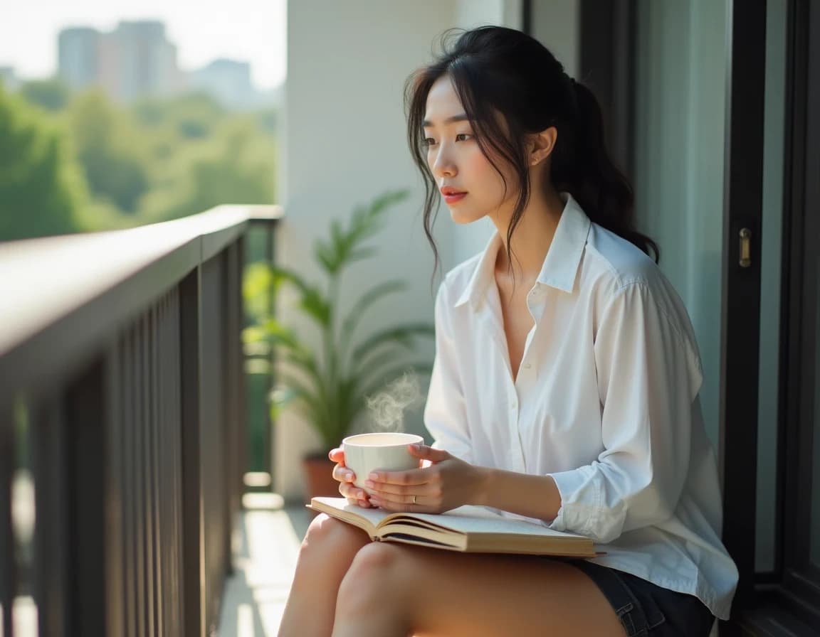 朝のベランダでくつろぐ女性|AI生成写真プロンプト作例