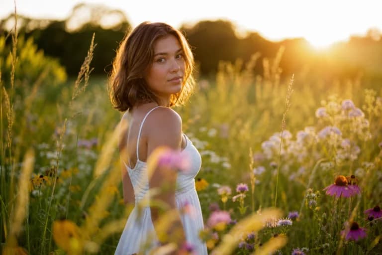 草むら越しの朝ポートレート|ボケ前景AI生成プロンプト作例
