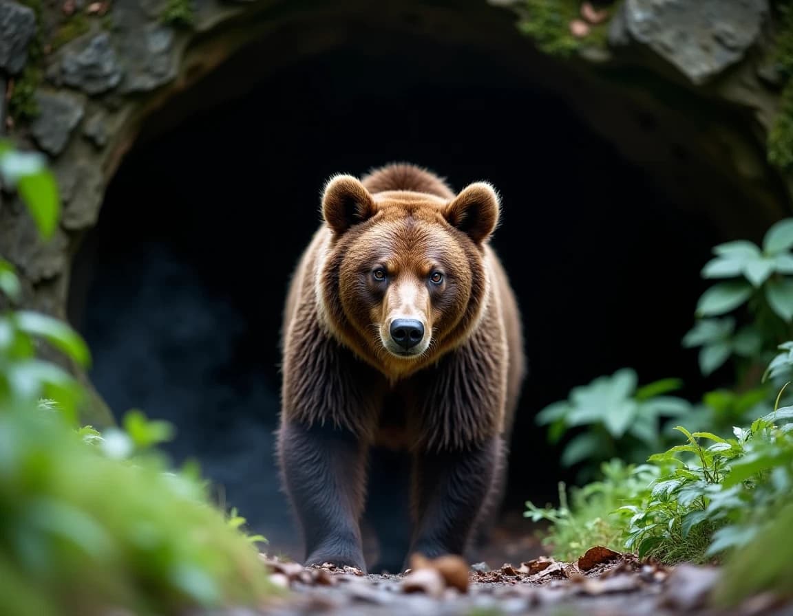 Oso pardo en cueva tras lluvia – prompt IA estilo documental