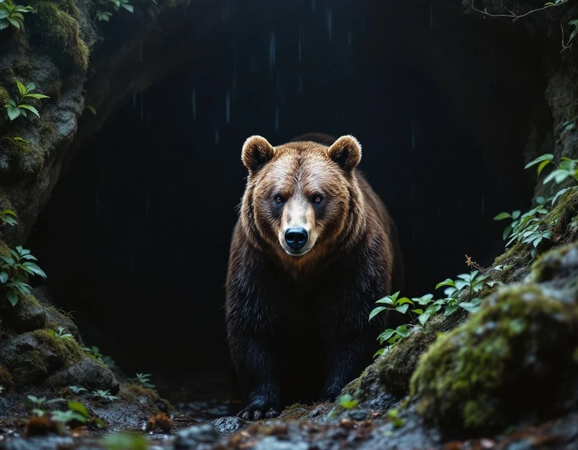 Brown Bear at Cave Entrance in Rain Forest – AI Photo Prompt