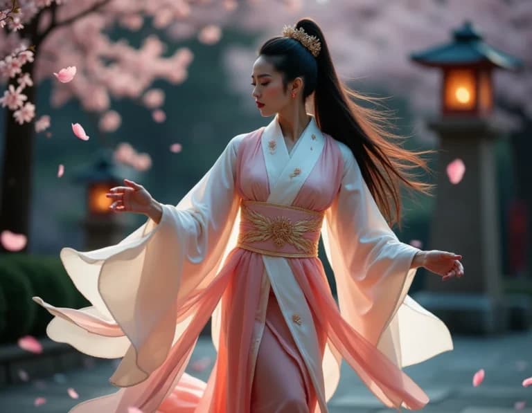 桜舞う天女AIプロンプト作例|写真風リアル生成