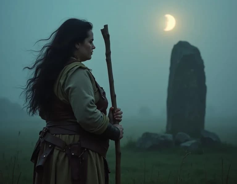 ケルト女性戦士×ストーンサークル|月光ファンタジー写真プロンプト作例