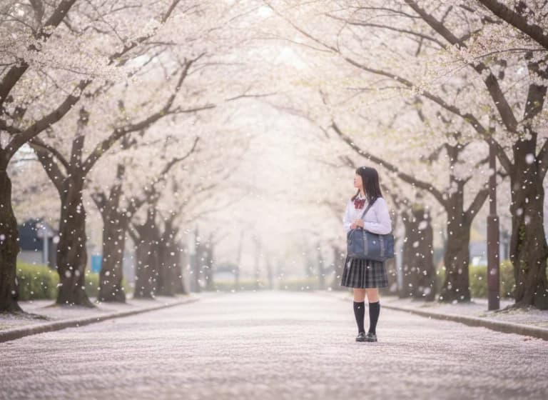 桜舞う春の朝・制服少女のAI生成画像プロンプト作例