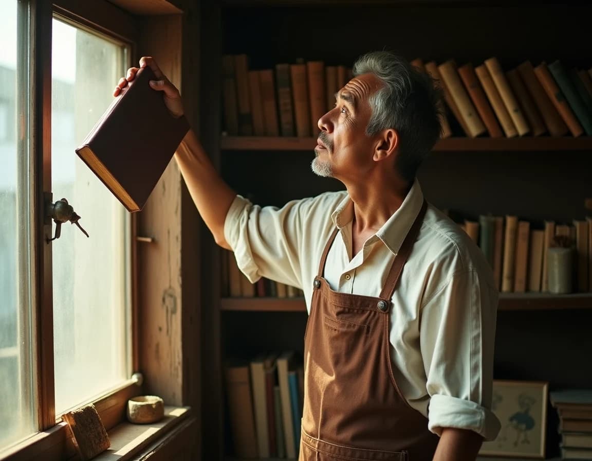 古書店店主×はしご|ドキュメンタリー風AI生成作例プロンプト